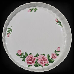 1980s Vintage White Pink Rose Floral Beveled Porcelain 9.5in Quiche Tart Pie Pan